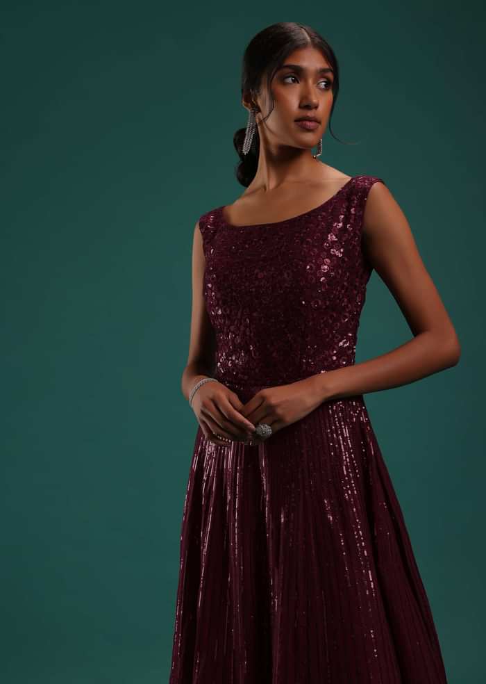 Maroon Red Sequins Embellished Gown In Georgette