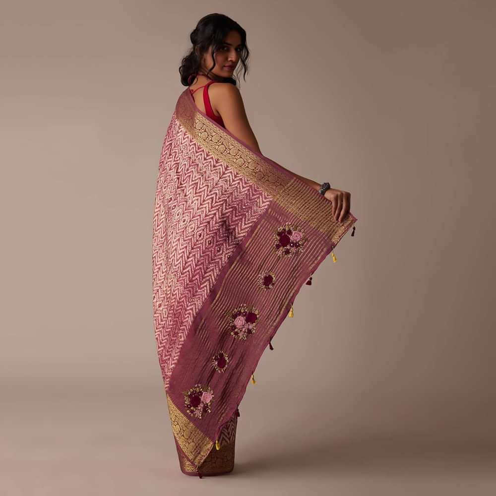 Maroon Red Shibori Saree In Tussar With Block Print With Zari Border