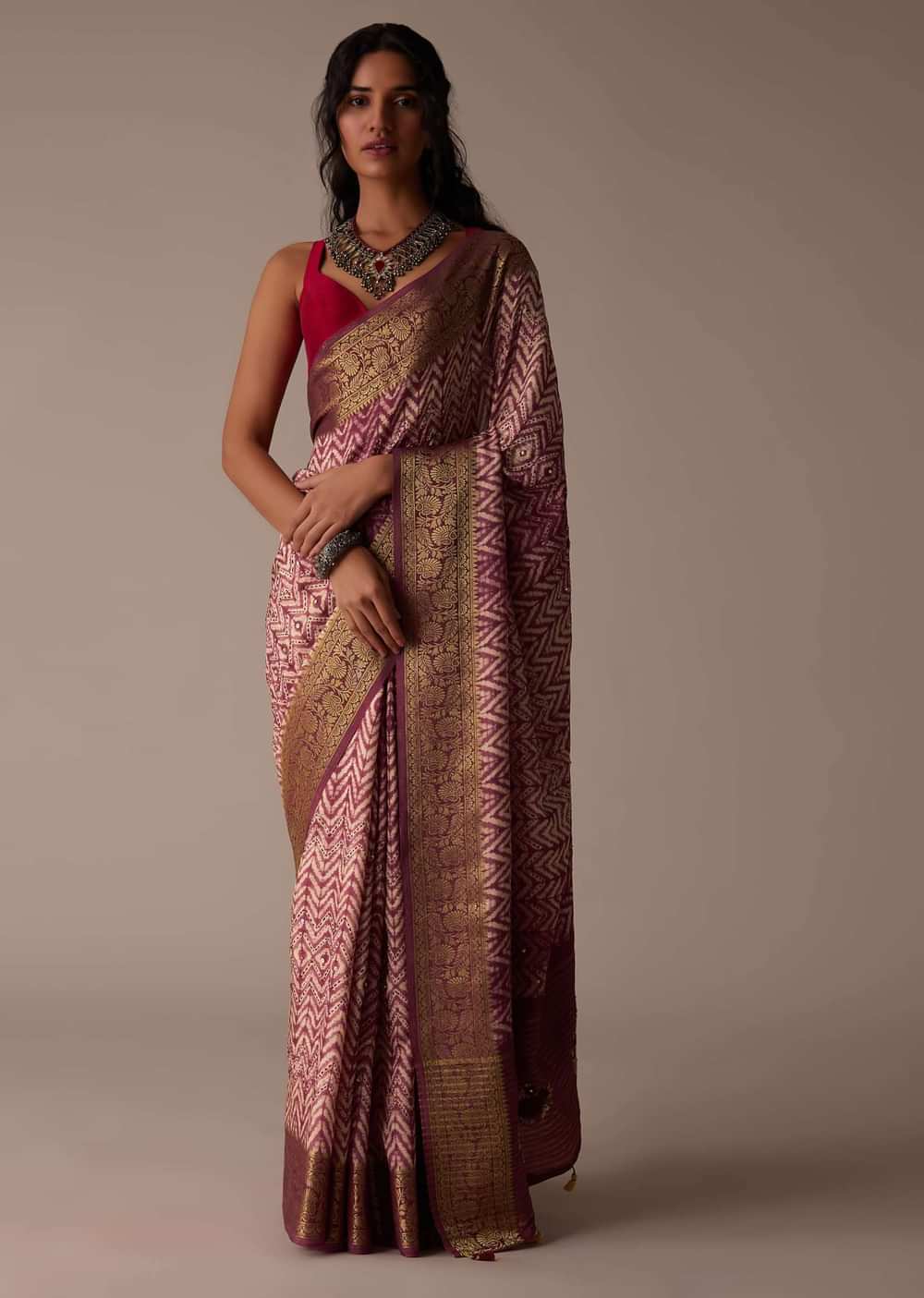 Maroon Red Shibori Saree In Tussar With Block Print With Zari Border
