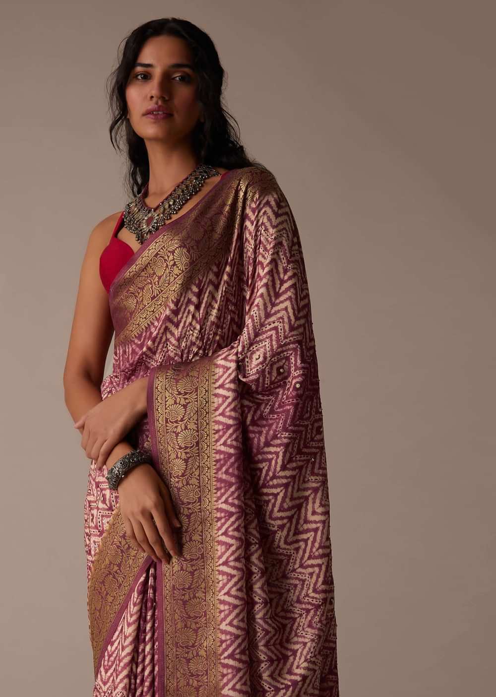 Maroon Red Shibori Saree In Tussar With Block Print With Zari Border