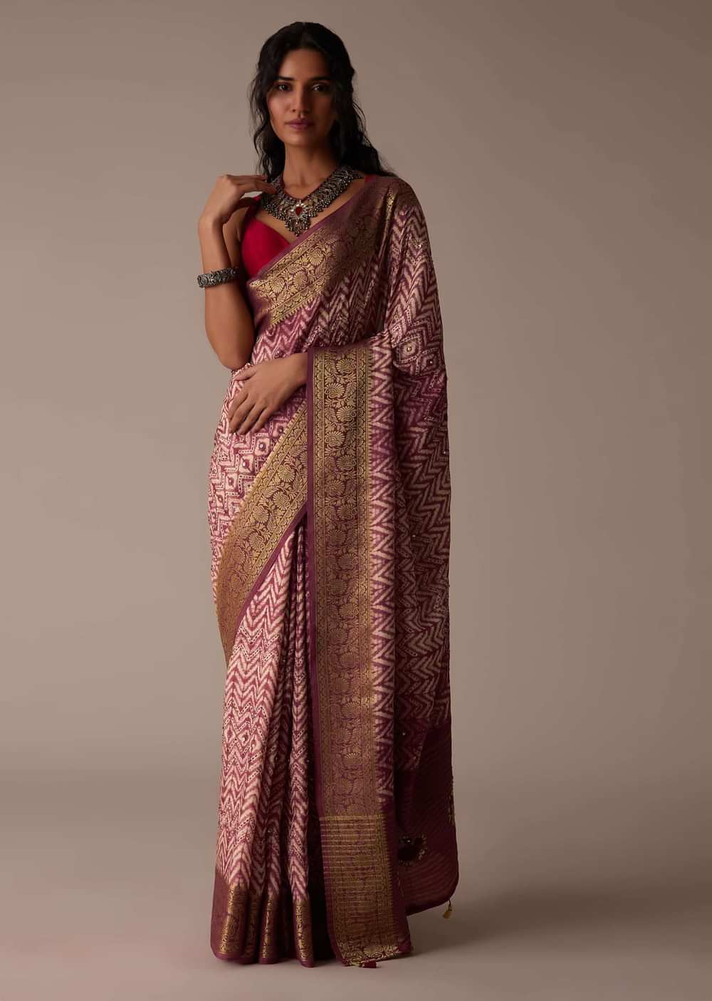Maroon Red Shibori Saree In Tussar With Block Print With Zari Border