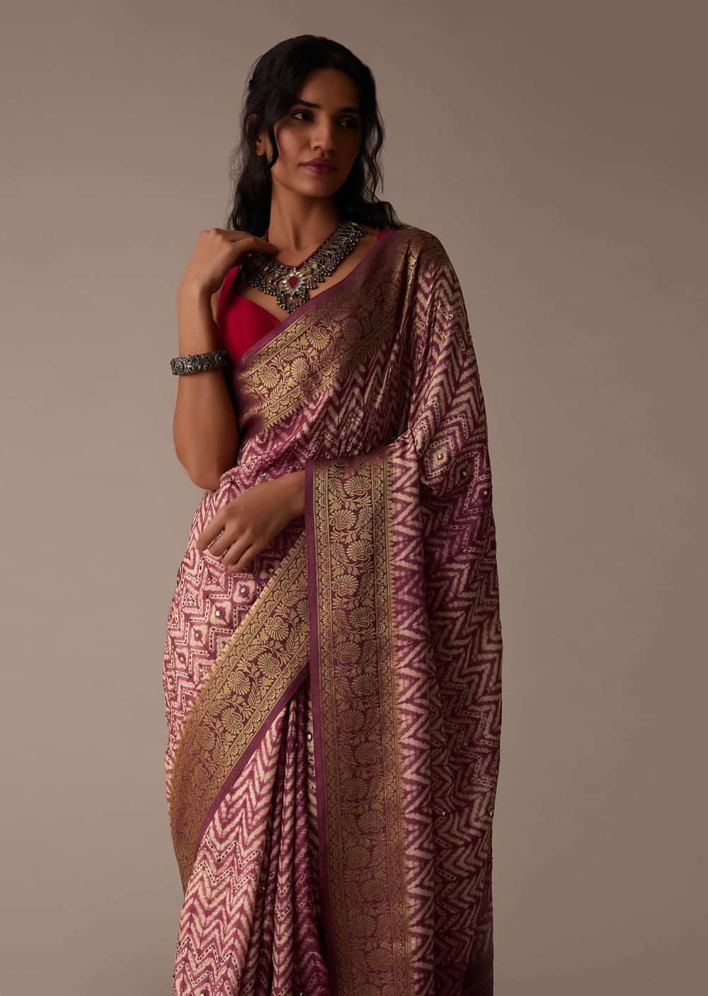 Maroon Red Shibori Saree In Tussar With Block Print With Zari Border