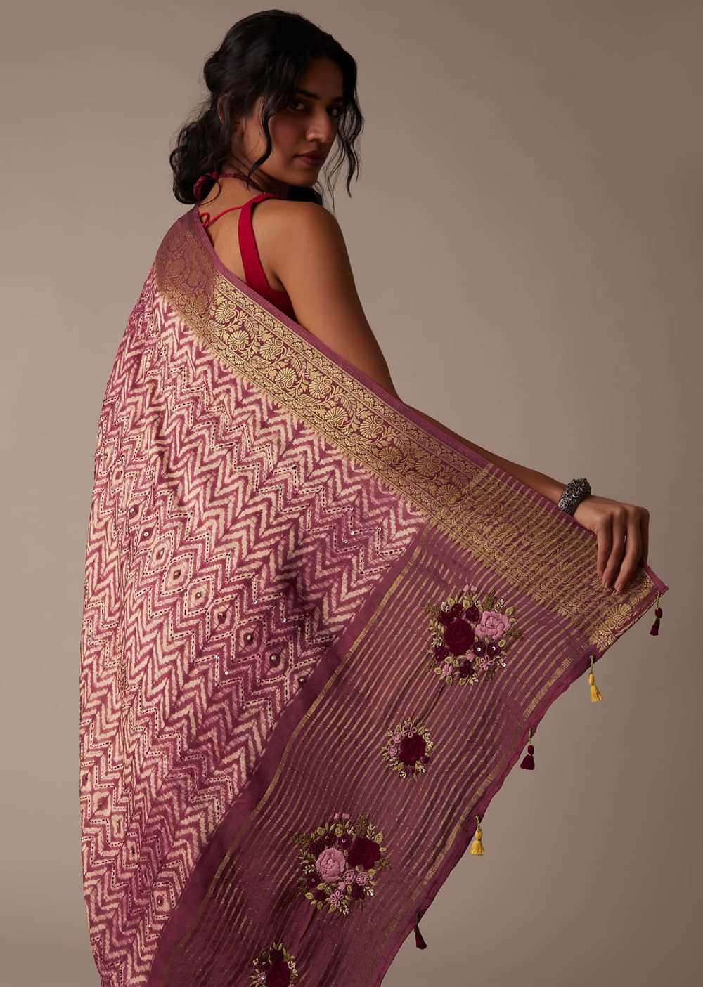 Maroon Red Shibori Saree In Tussar With Block Print With Zari Border