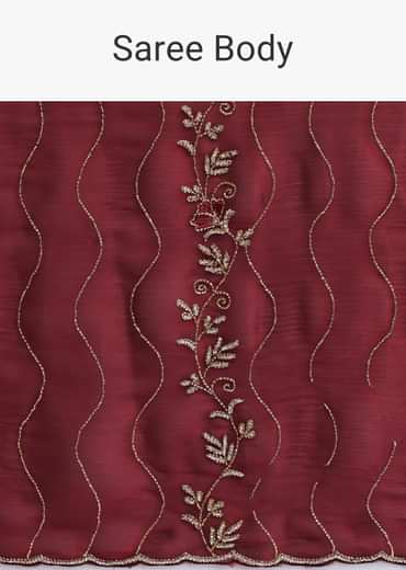 Maroon Red Tissue Saree With Cut Dana Embroidery And Unstitched Blouse