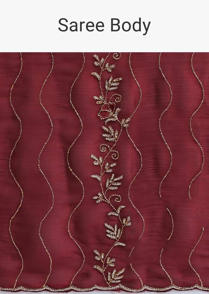 Maroon Red Tissue Saree With Cut Dana Embroidery And Unstitched Blouse