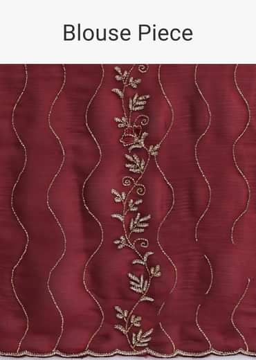 Maroon Red Tissue Saree With Cut Dana Embroidery And Unstitched Blouse