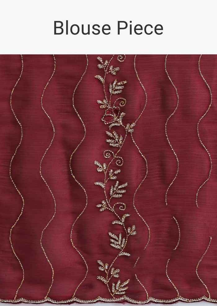 Maroon Red Tissue Saree With Cut Dana Embroidery And Unstitched Blouse