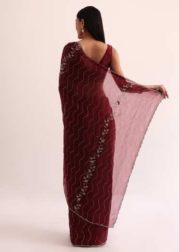 Maroon Red Tissue Saree With Cut Dana Embroidery And Unstitched Blouse