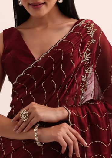 Maroon Red Tissue Saree With Cut Dana Embroidery And Unstitched Blouse