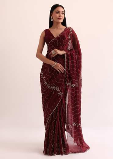Maroon Red Tissue Saree With Cut Dana Embroidery And Unstitched Blouse