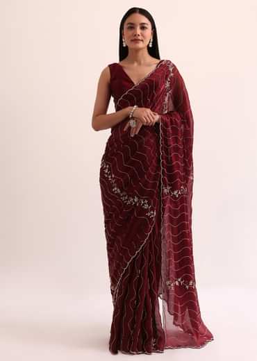 Maroon Red Tissue Saree With Cut Dana Embroidery And Unstitched Blouse