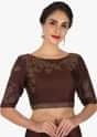 Maroon saree embellished in kundan embroidery only at Kalki