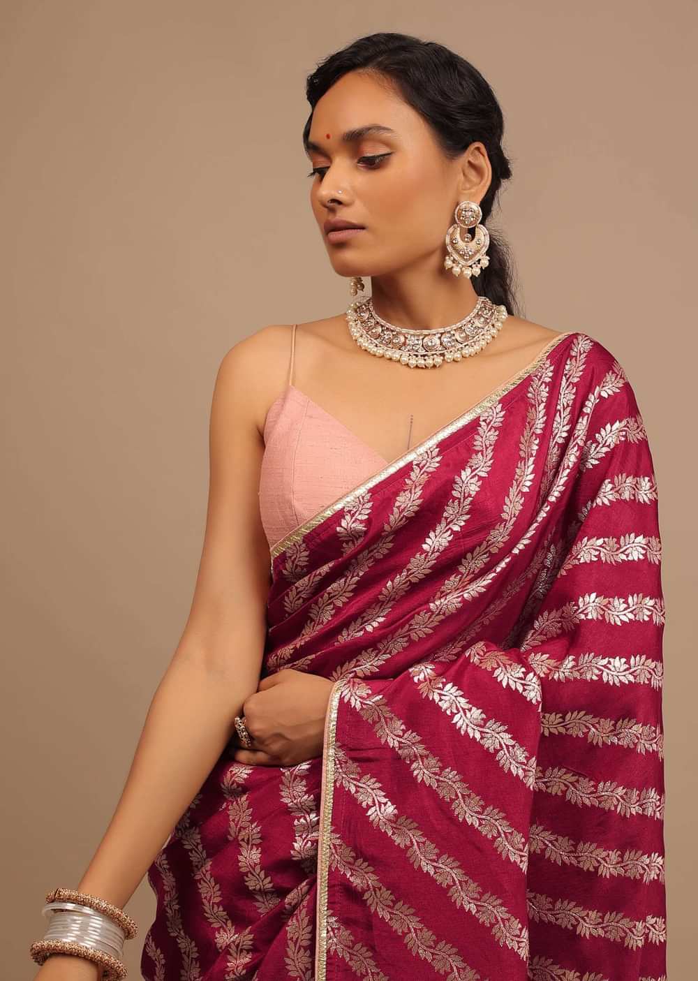 Maroon Red Saree In Dola Silk With Woven Floral Design In Diagonal Stripes And Lace Detailing