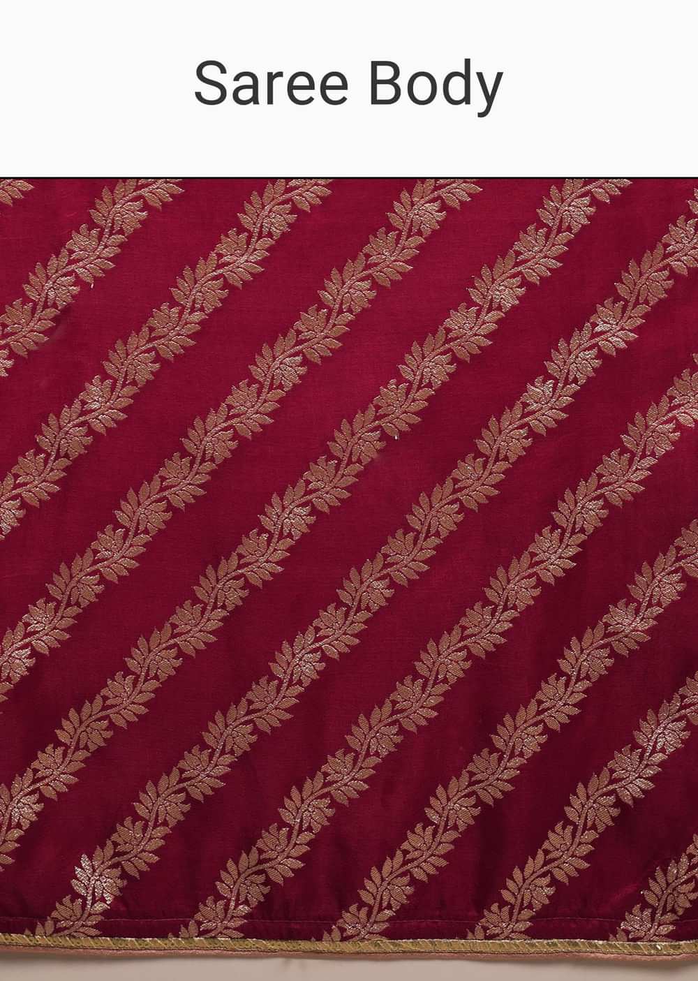 Maroon Red Saree In Dola Silk With Woven Floral Design In Diagonal Stripes And Lace Detailing