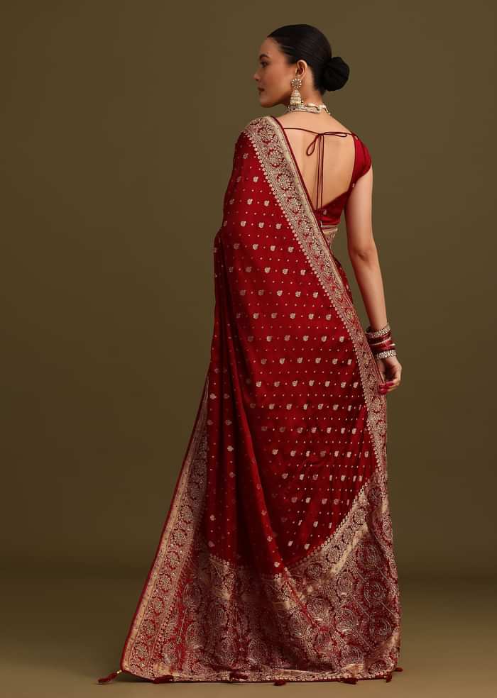 Maroon Satin Zardosi And Cutdana Embroidered Saree