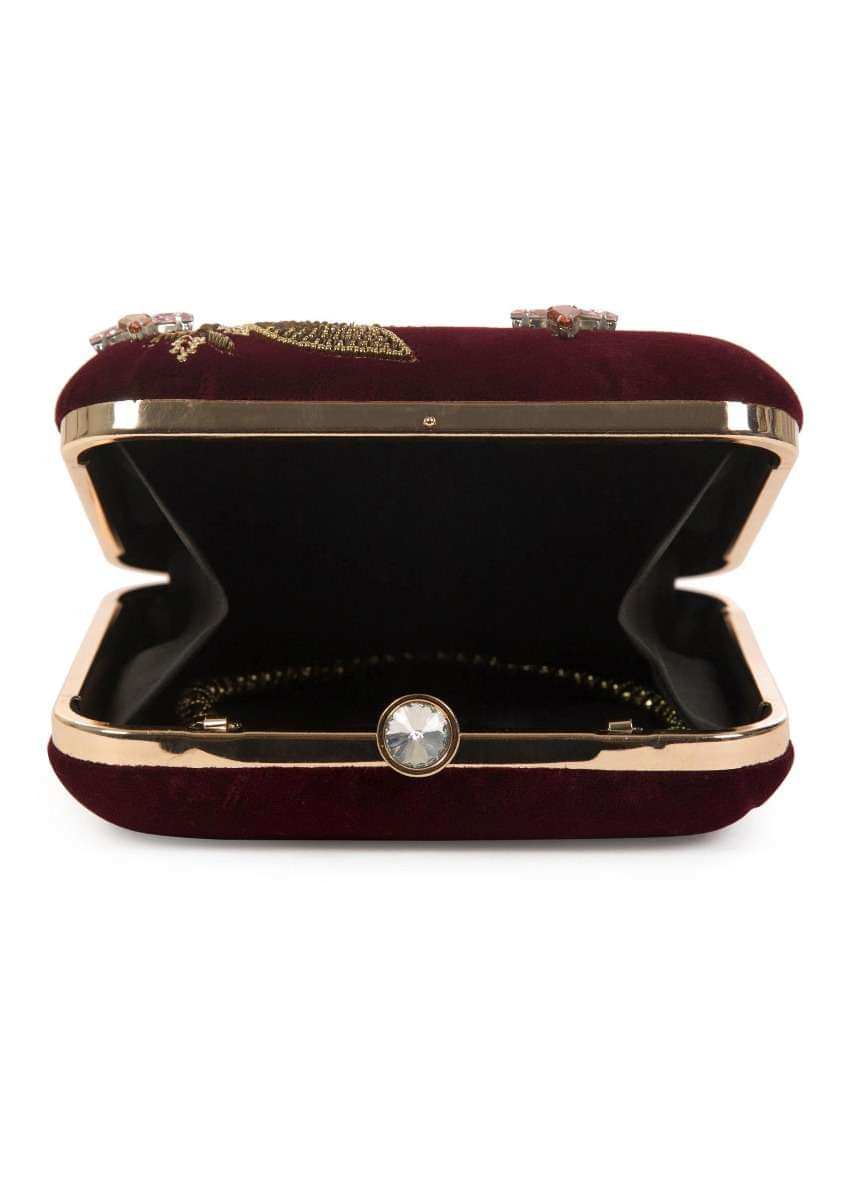 Maroon sequins and cutdana clutch in floral and bird motif