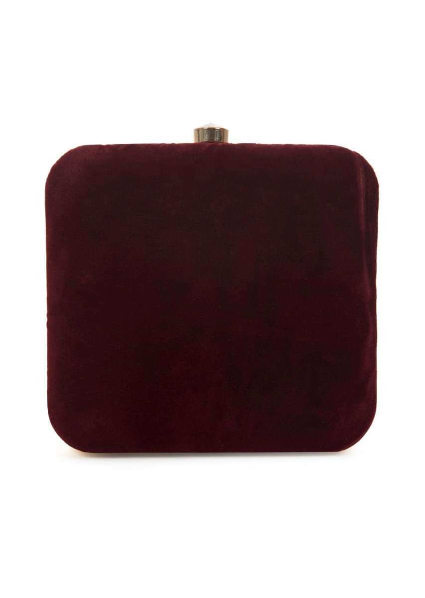 Maroon sequins and cutdana clutch in floral and bird motif