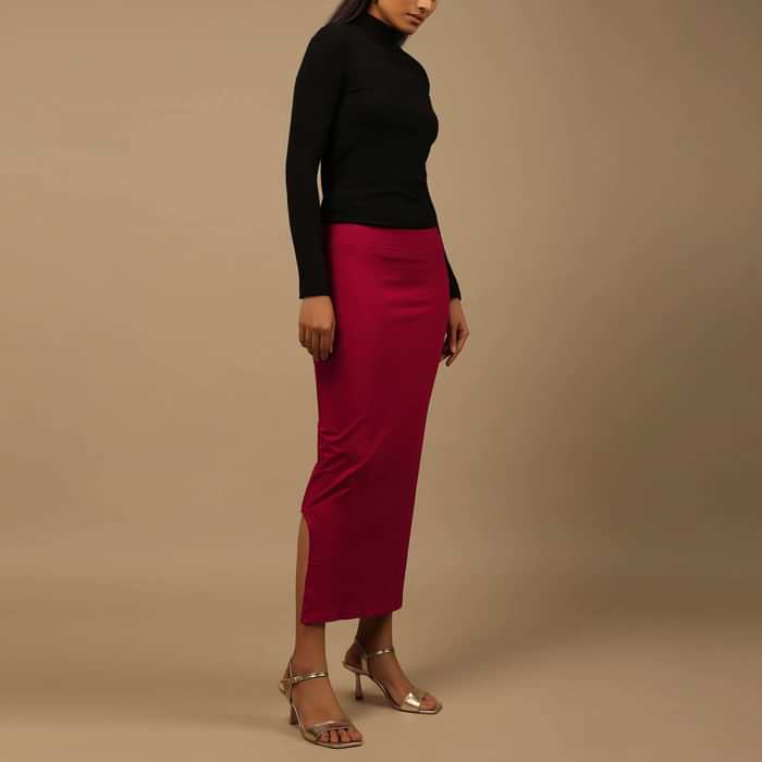 Maroon Shapewear Saree Petticoat In Cotton Lycra With Elastic Waistband And Slit