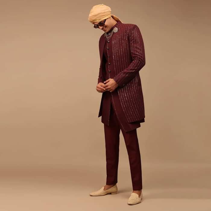 Maroon Sherwani With Thread And Sequins Work