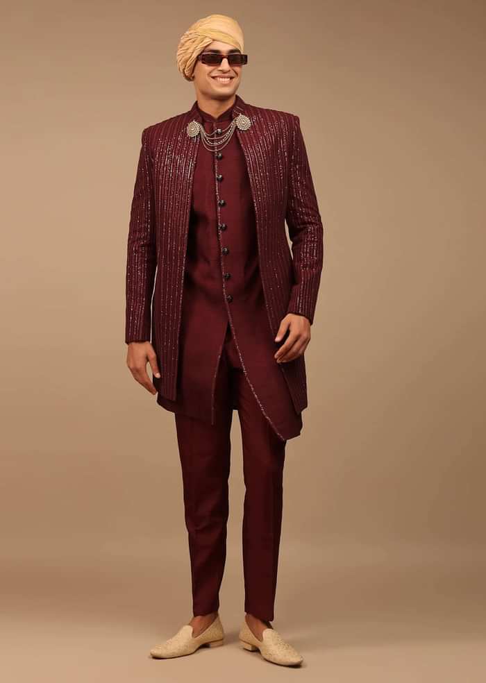 Maroon Sherwani With Thread And Sequins Work