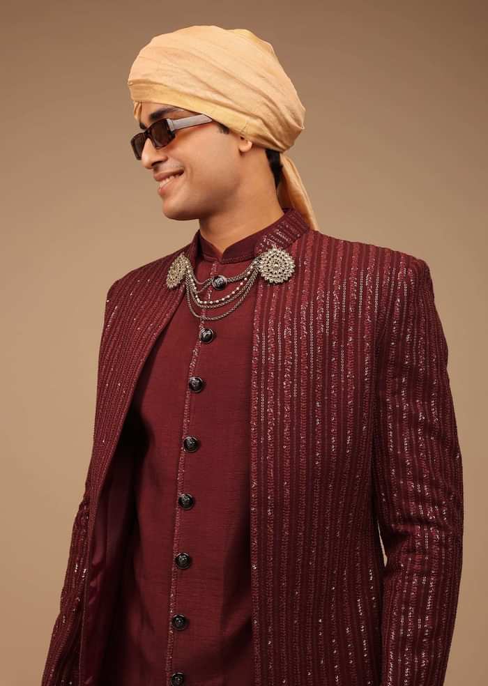 Maroon Sherwani With Thread And Sequins Work