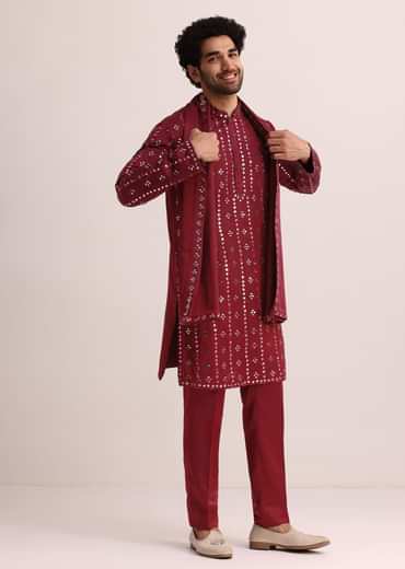 Maroon Silk Blend Mirror Work Kurta Set With Dupatta
