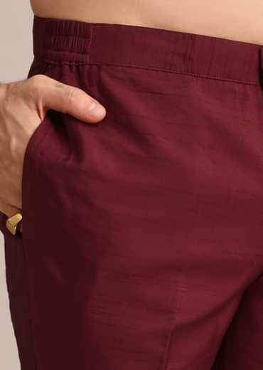 Maroon Silk Jacket Kurta Set With Embroidered Work