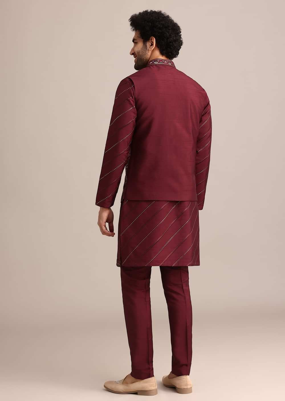 Maroon Silk Jacket Kurta Set With Embroidered Work
