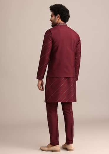 Maroon Silk Jacket Kurta Set With Embroidered Work
