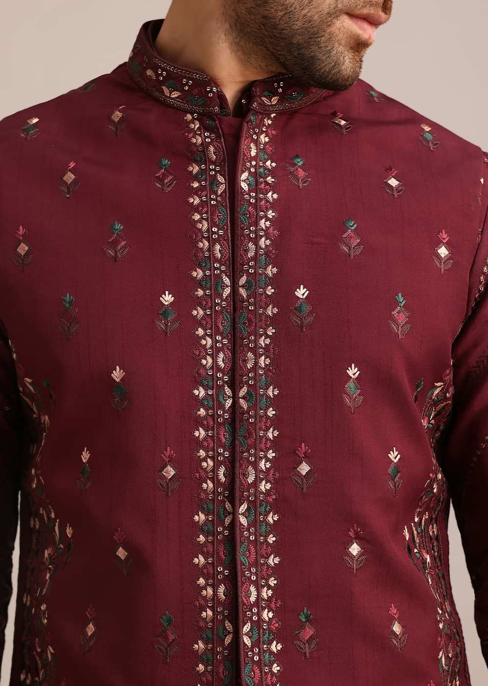 Maroon Silk Jacket Kurta Set With Embroidered Work