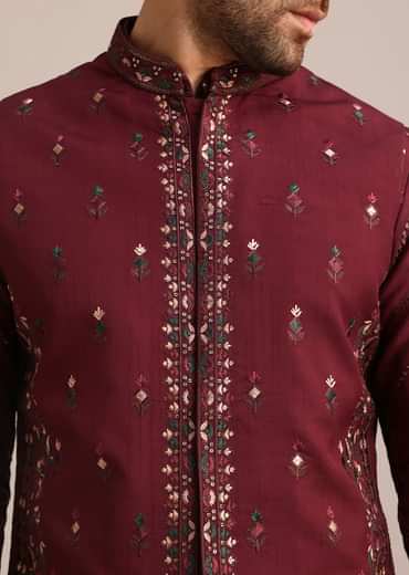 Maroon Silk Jacket Kurta Set With Embroidered Work