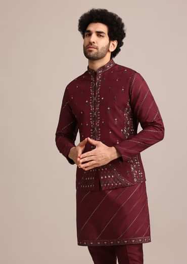 Maroon Silk Jacket Kurta Set With Embroidered Work