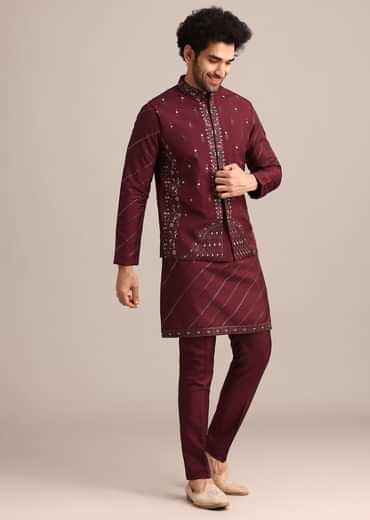 Maroon Silk Jacket Kurta Set With Embroidered Work
