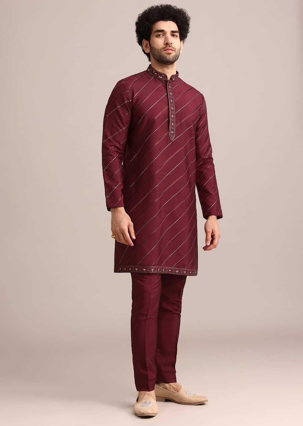 Maroon Silk Jacket Kurta Set With Embroidered Work