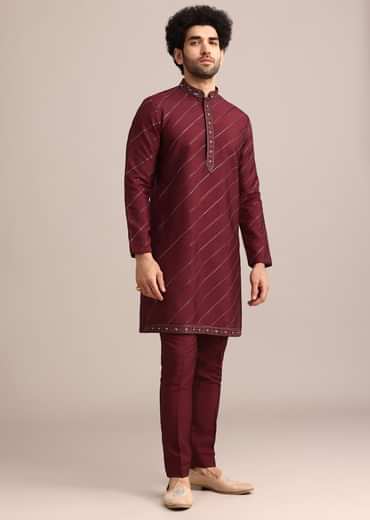 Maroon Silk Jacket Kurta Set With Embroidered Work