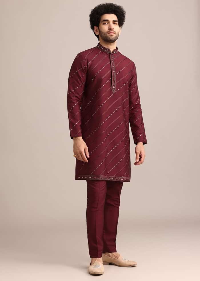 Maroon Silk Jacket Kurta Set With Embroidered Work