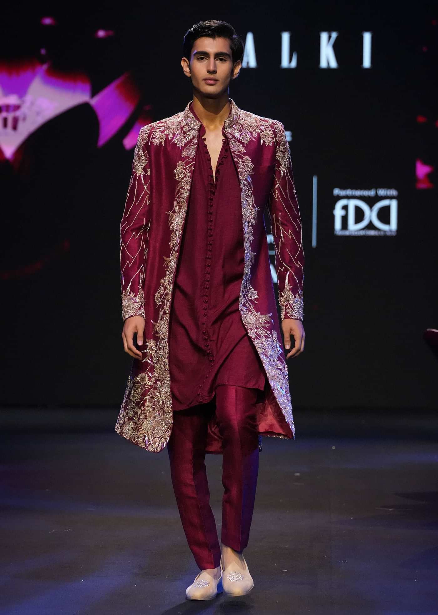 Maroon Tissue Cutdana Embroidered Sherwani Suit With Dupatta