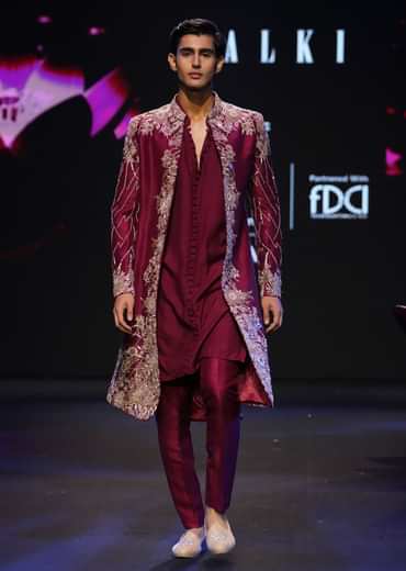 Maroon Tissue Cutdana Embroidered Sherwani Suit With Dupatta