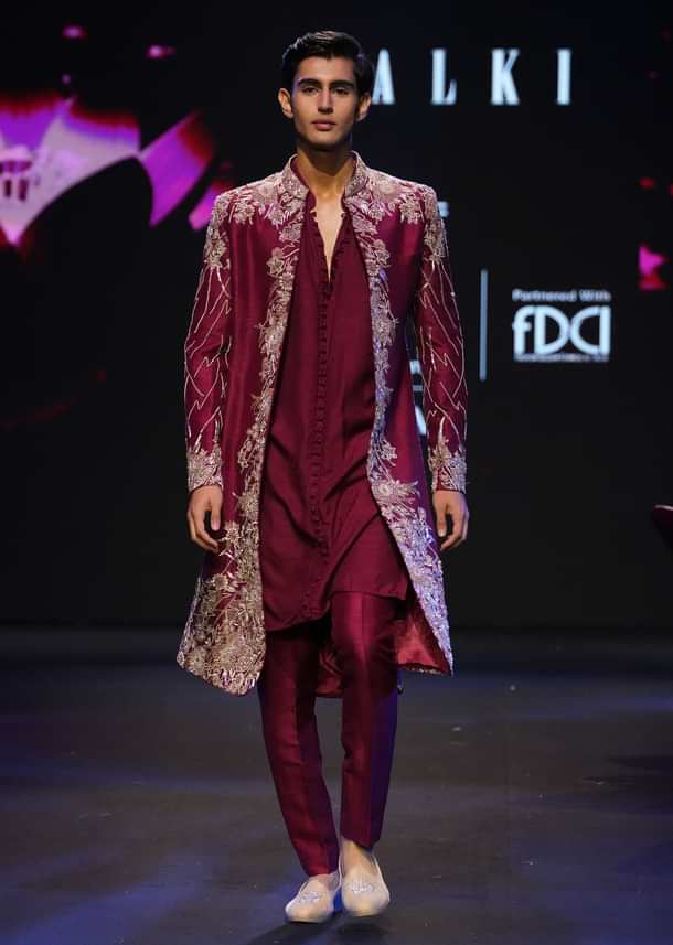 Maroon Tissue Cutdana Embroidered Sherwani Suit With Dupatta