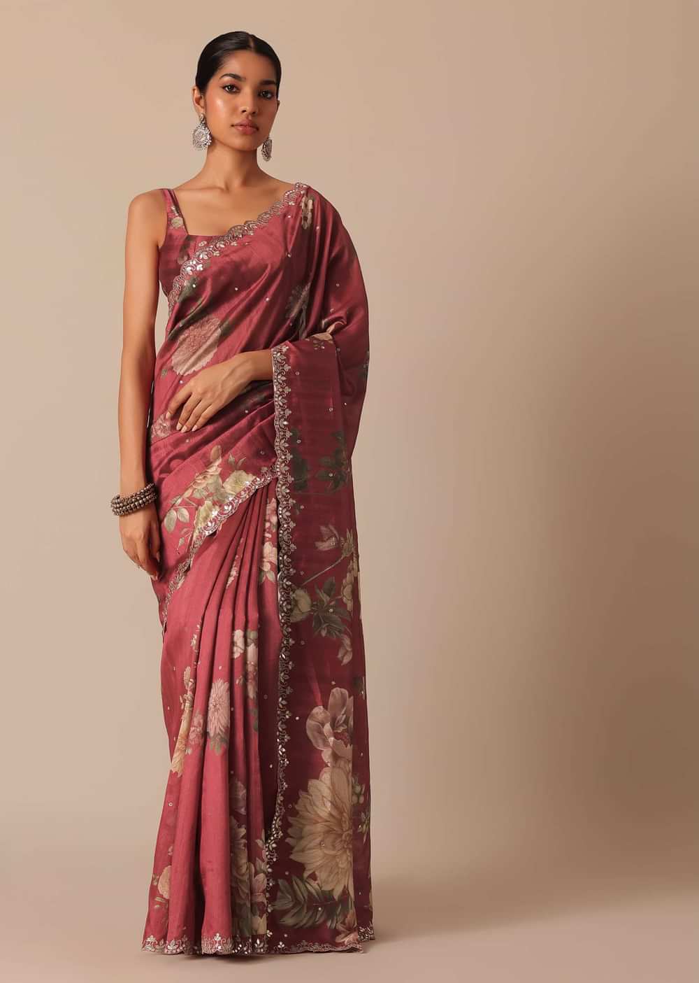 Maroon Tussar Silk Saree With Cutwork Scallop Border And Unstitched Blouse Piece