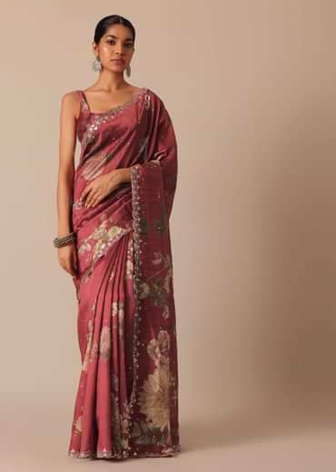 Maroon Tussar Silk Saree With Cutwork Scallop Border And Unstitched Blouse Piece