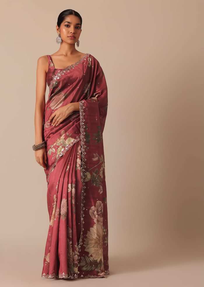 Maroon Tussar Silk Saree With Cutwork Scallop Border And Unstitched Blouse Piece