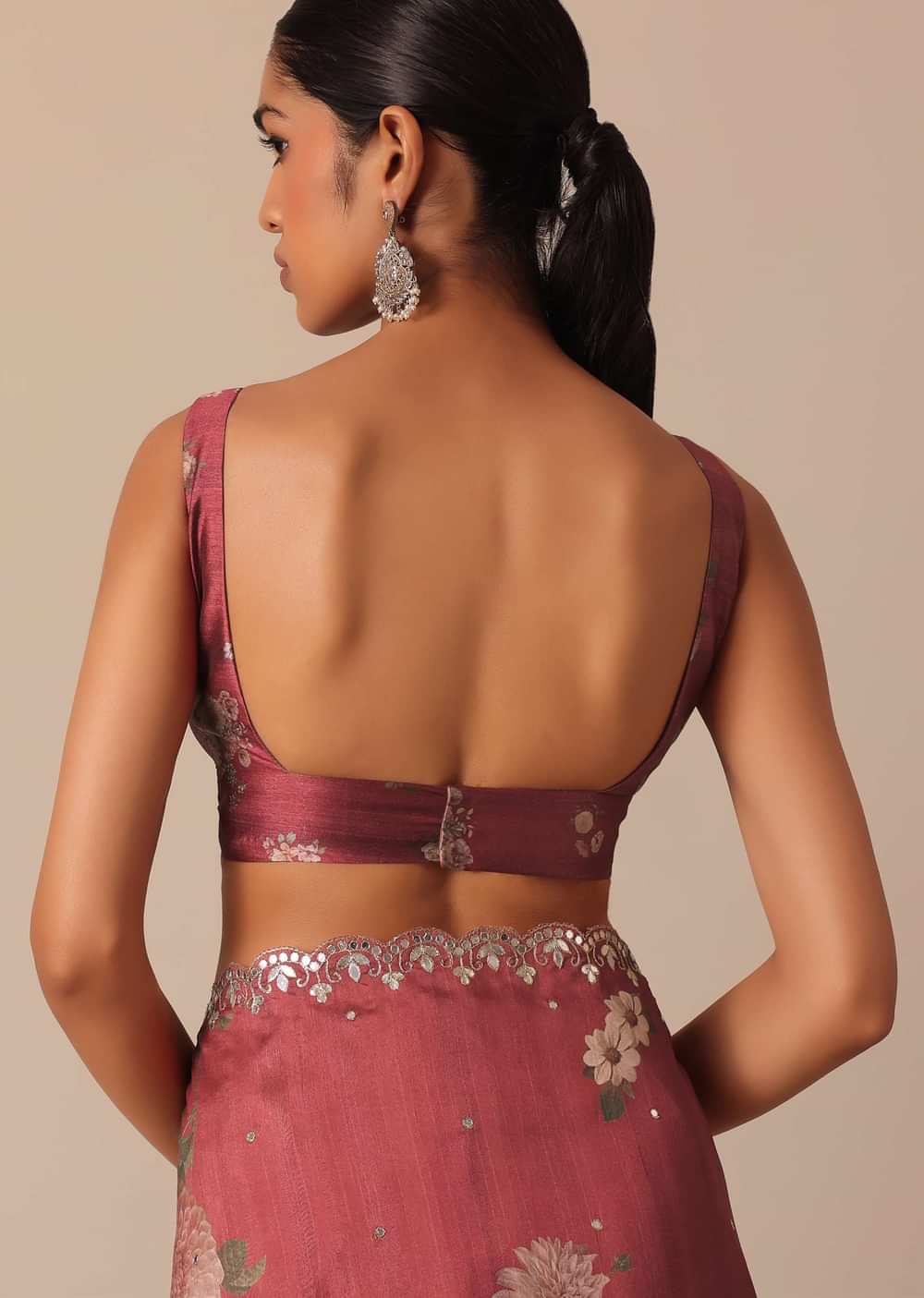 Maroon Tussar Silk Saree With Cutwork Scallop Border And Unstitched Blouse Piece