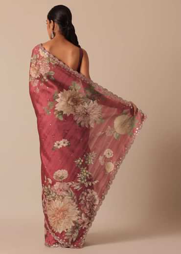 Maroon Tussar Silk Saree With Cutwork Scallop Border And Unstitched Blouse Piece