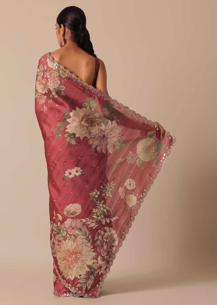 Maroon Tussar Silk Saree With Cutwork Scallop Border And Unstitched Blouse Piece