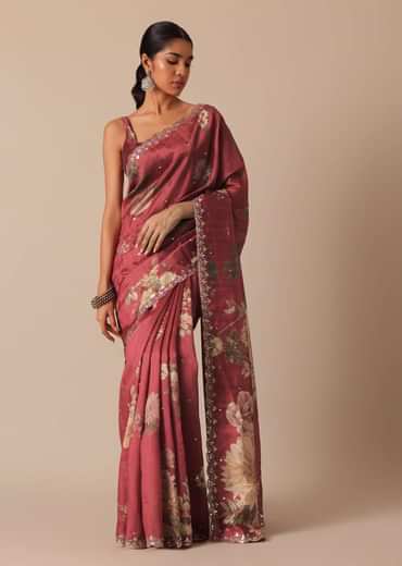 Maroon Tussar Silk Saree With Cutwork Scallop Border And Unstitched Blouse Piece
