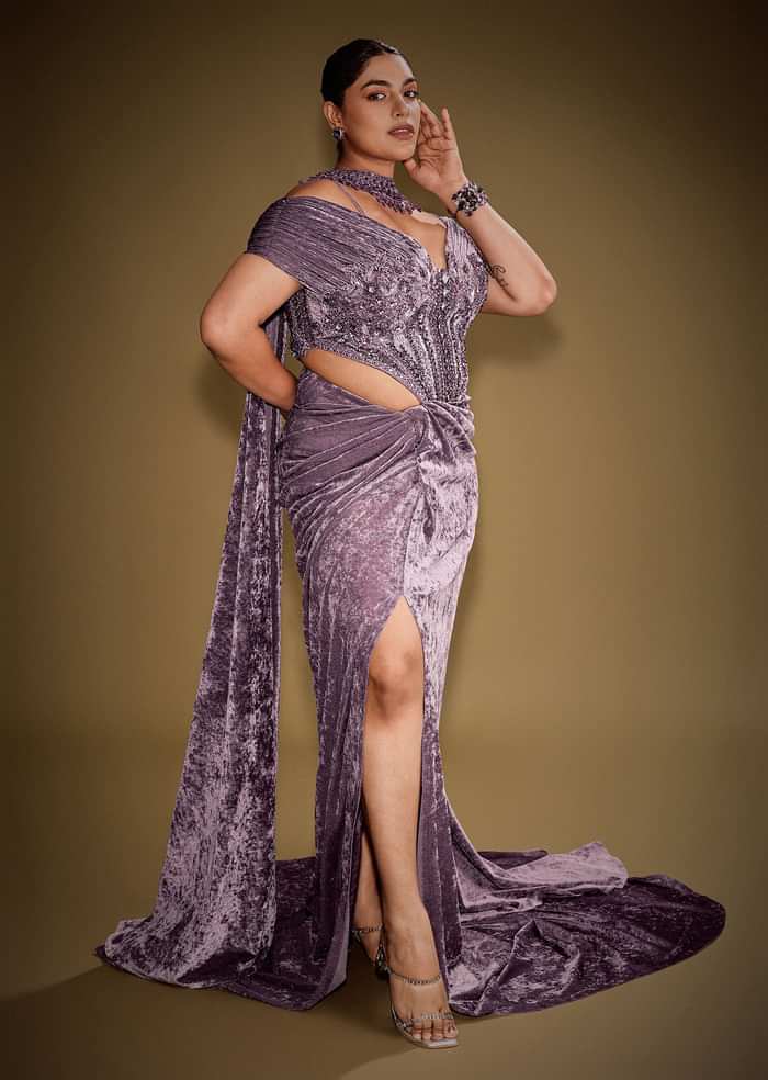 Mauve Off Shoulder Velvet Gown With Keyhole Detail And Embroidered Choker