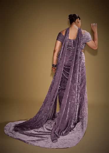 Mauve Off Shoulder Velvet Gown With Keyhole Detail And Embroidered Choker