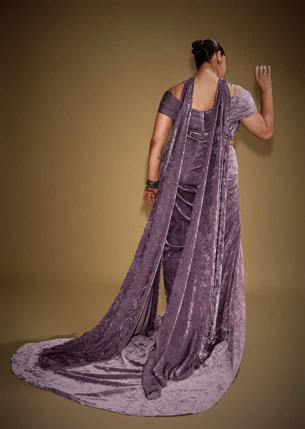 Mauve Off Shoulder Velvet Gown With Keyhole Detail And Embroidered Choker