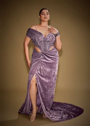 Mauve Off Shoulder Velvet Gown With Keyhole Detail And Embroidered Choker